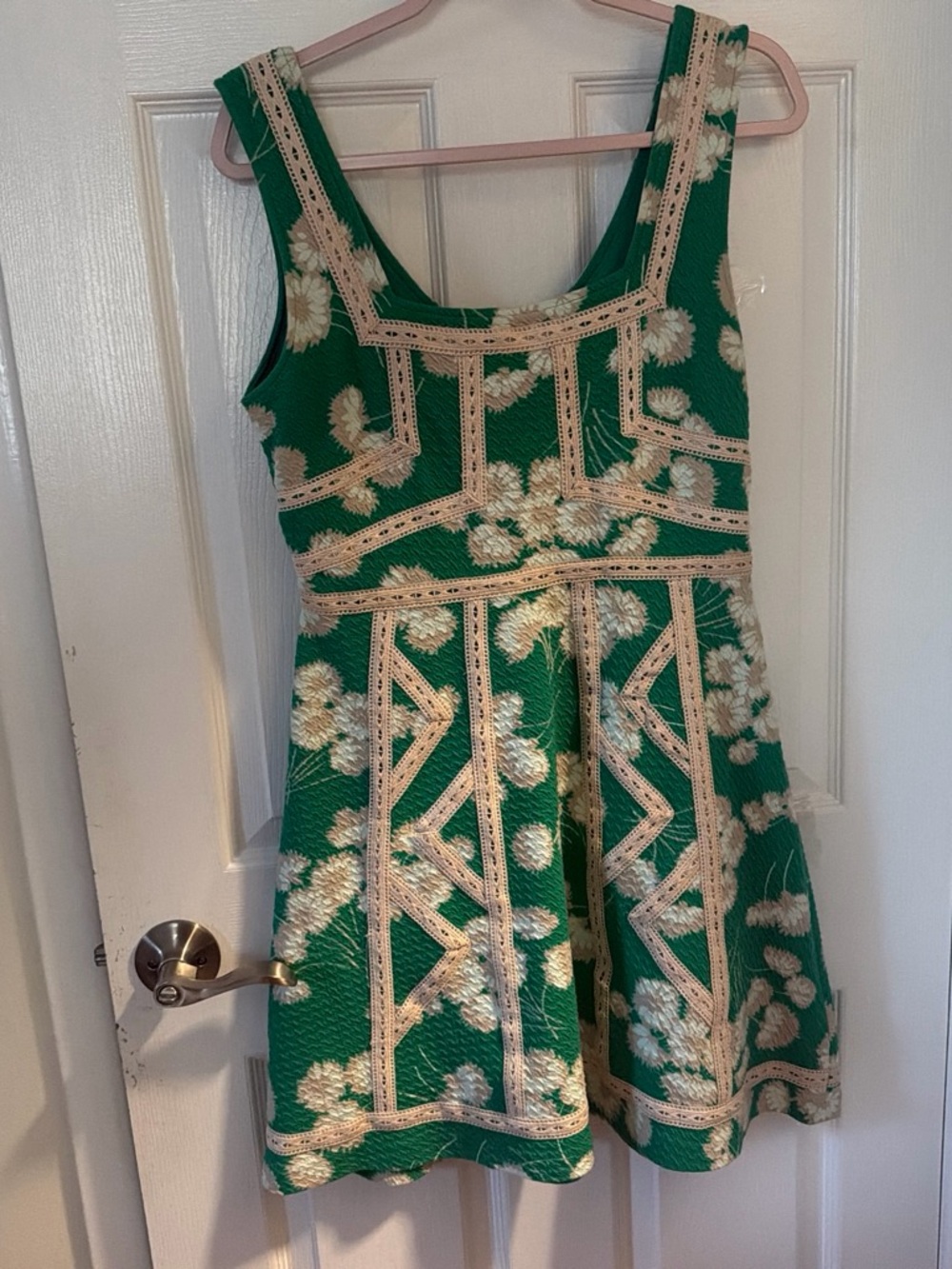Maeve Green Floral Fit-and-Flare Dress with Cream Lace Trim - Picture 1 of 5